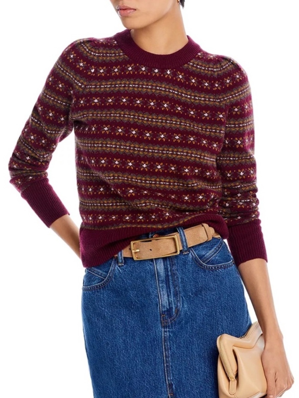 Faherty Highland Fair Isle Burgundy Wool Blend Puff Sleeve Crew Neck Sweater